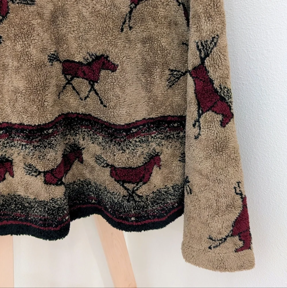 Vintage 90's Equestrian Collared Button Down Fleece Jacket In Tan/Black/Burgundy - Picture 8 of 11